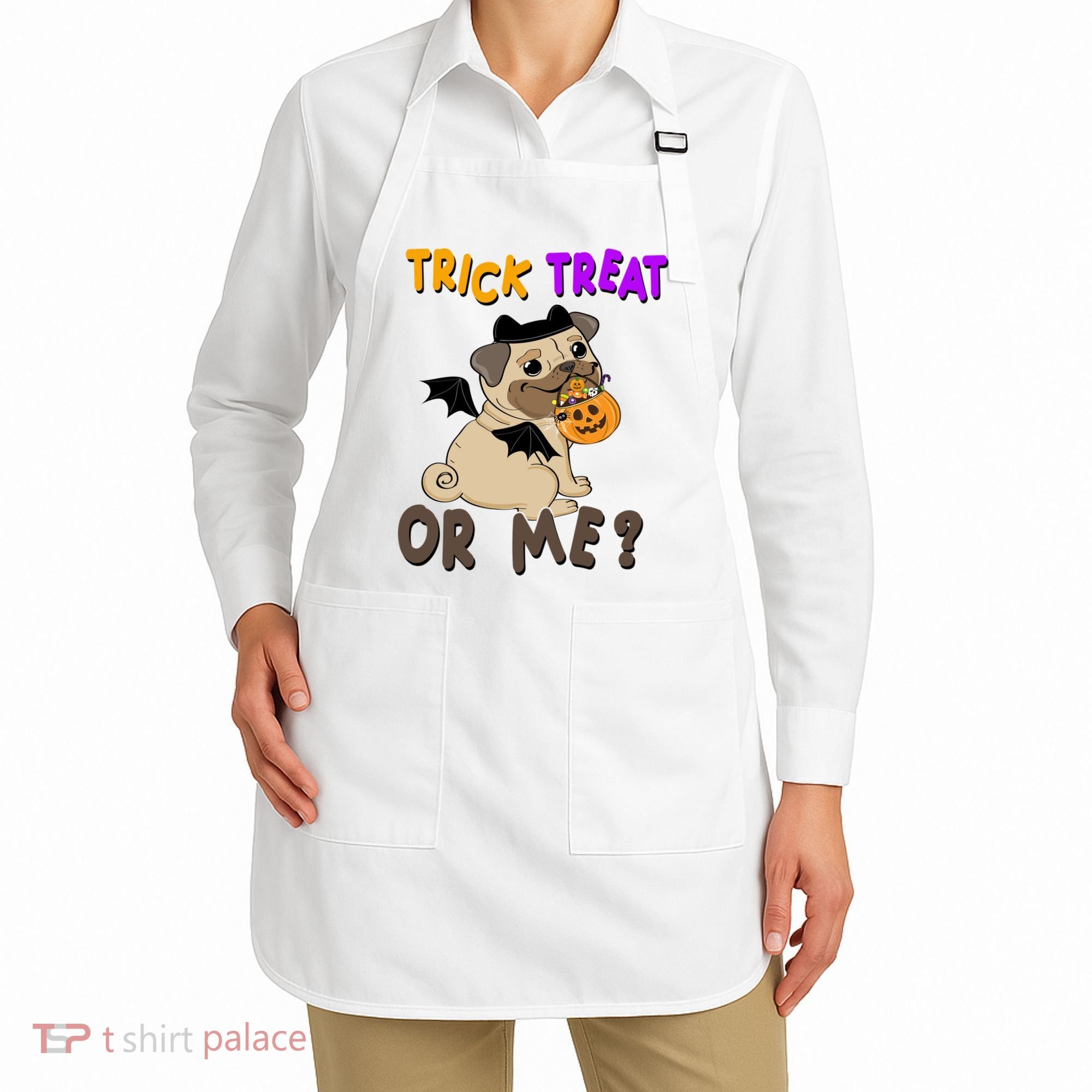 Trick Treat Or Me Pug Dog Halloween Apron