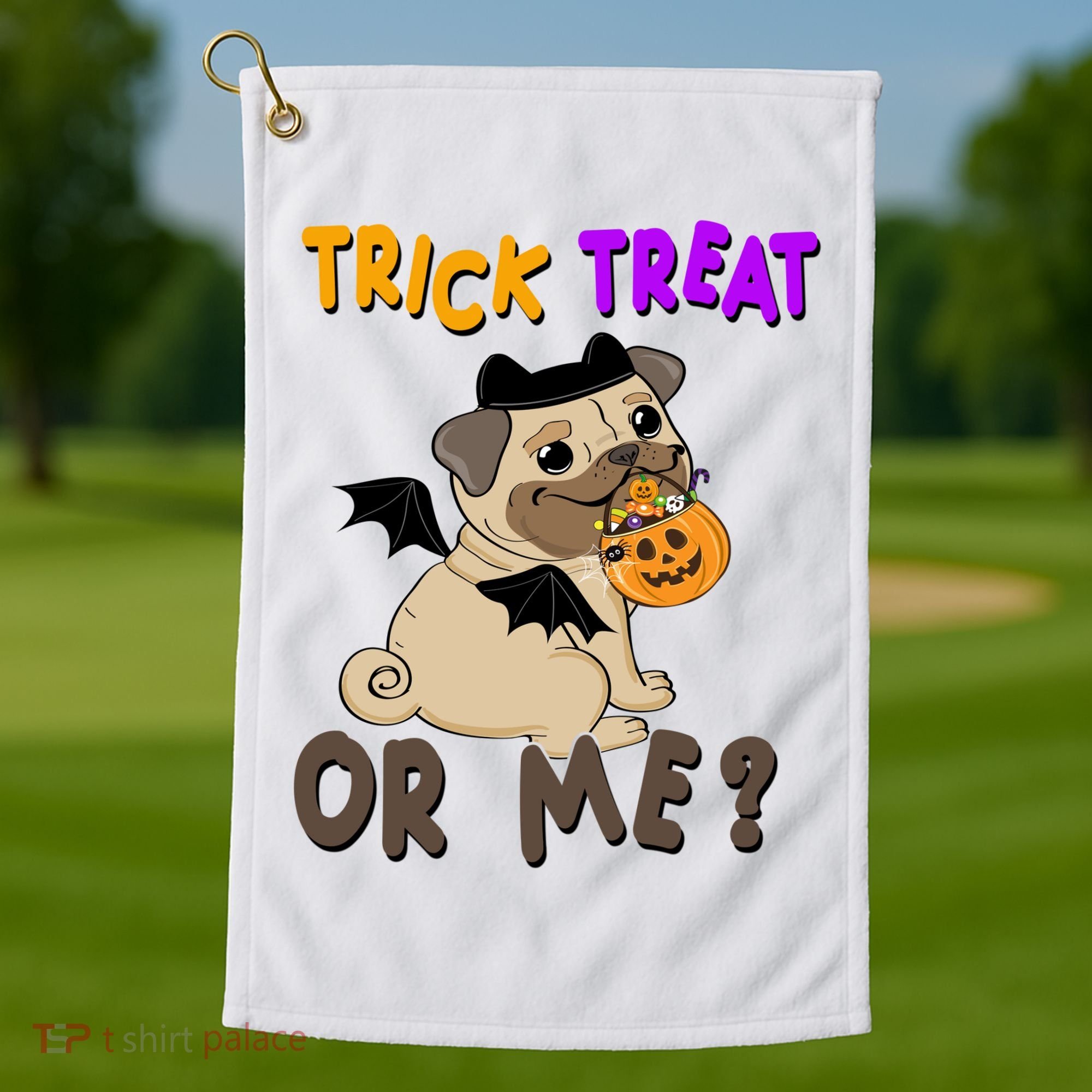 Trick Treat Or Me Pug Dog Halloween Golf Towel
