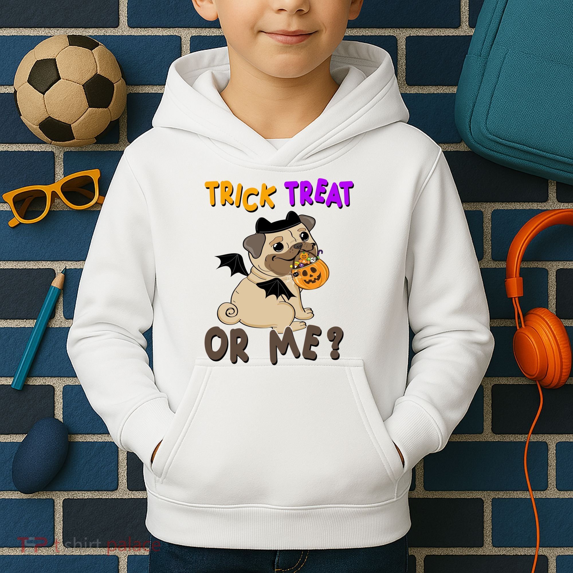 Trick Treat Or Me Pug Dog Halloween Kids Hoodie