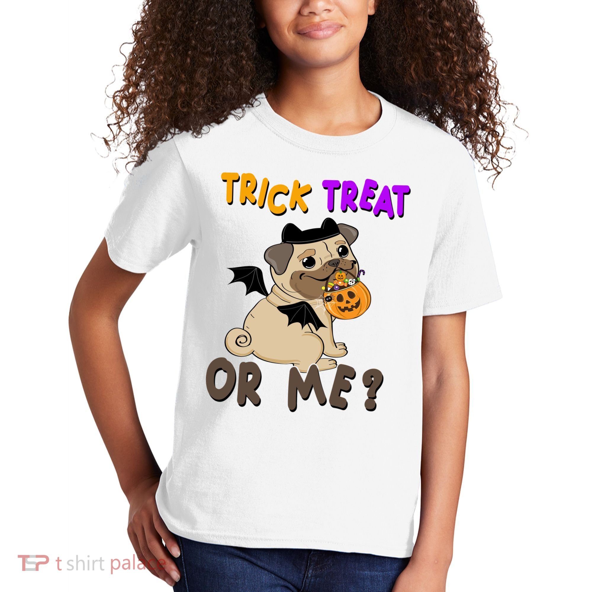 Trick Treat Or Me Pug Dog Halloween Kids T-Shirt