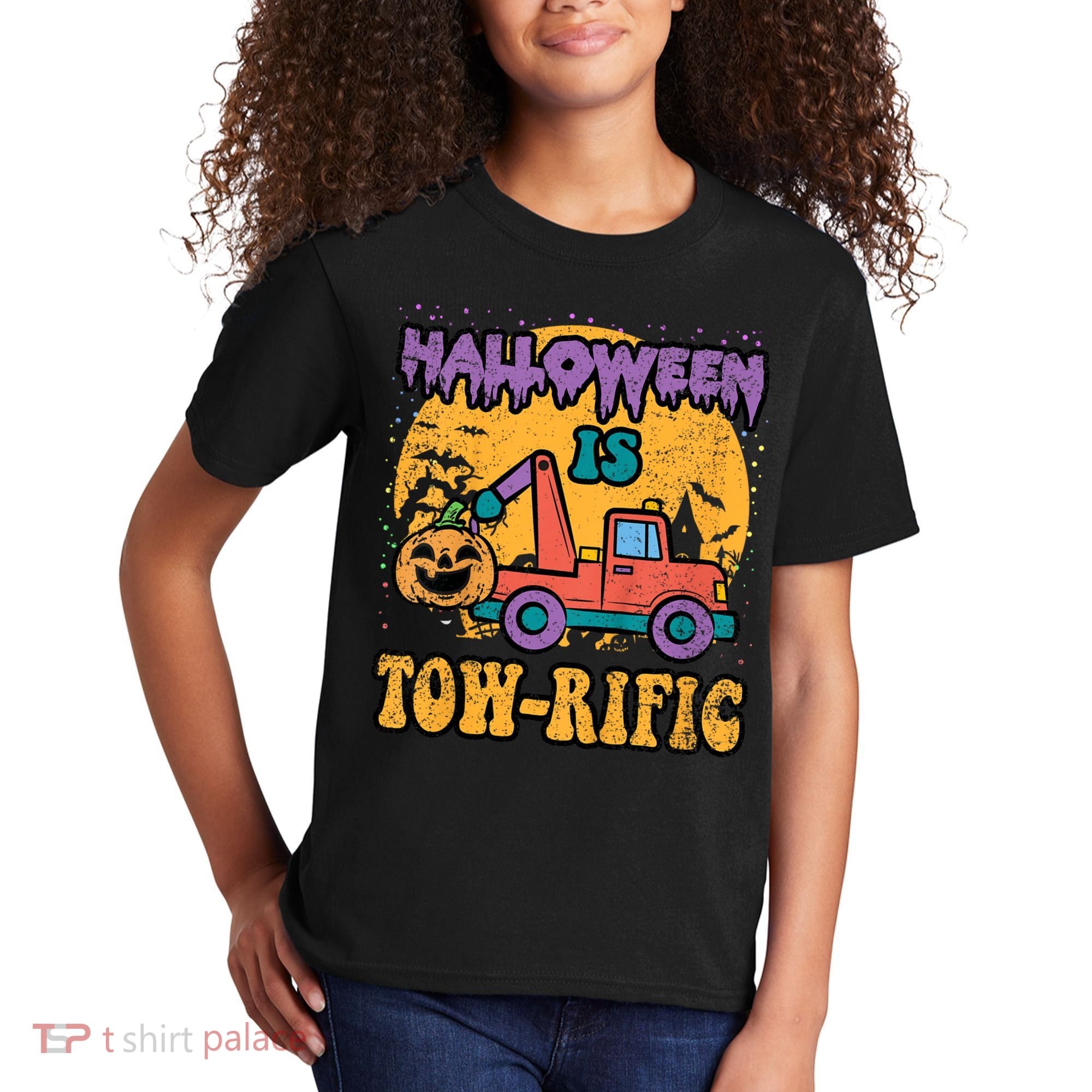 Tow Truck Pumpkin Halloween Costume Towing Kids T-Shirt
