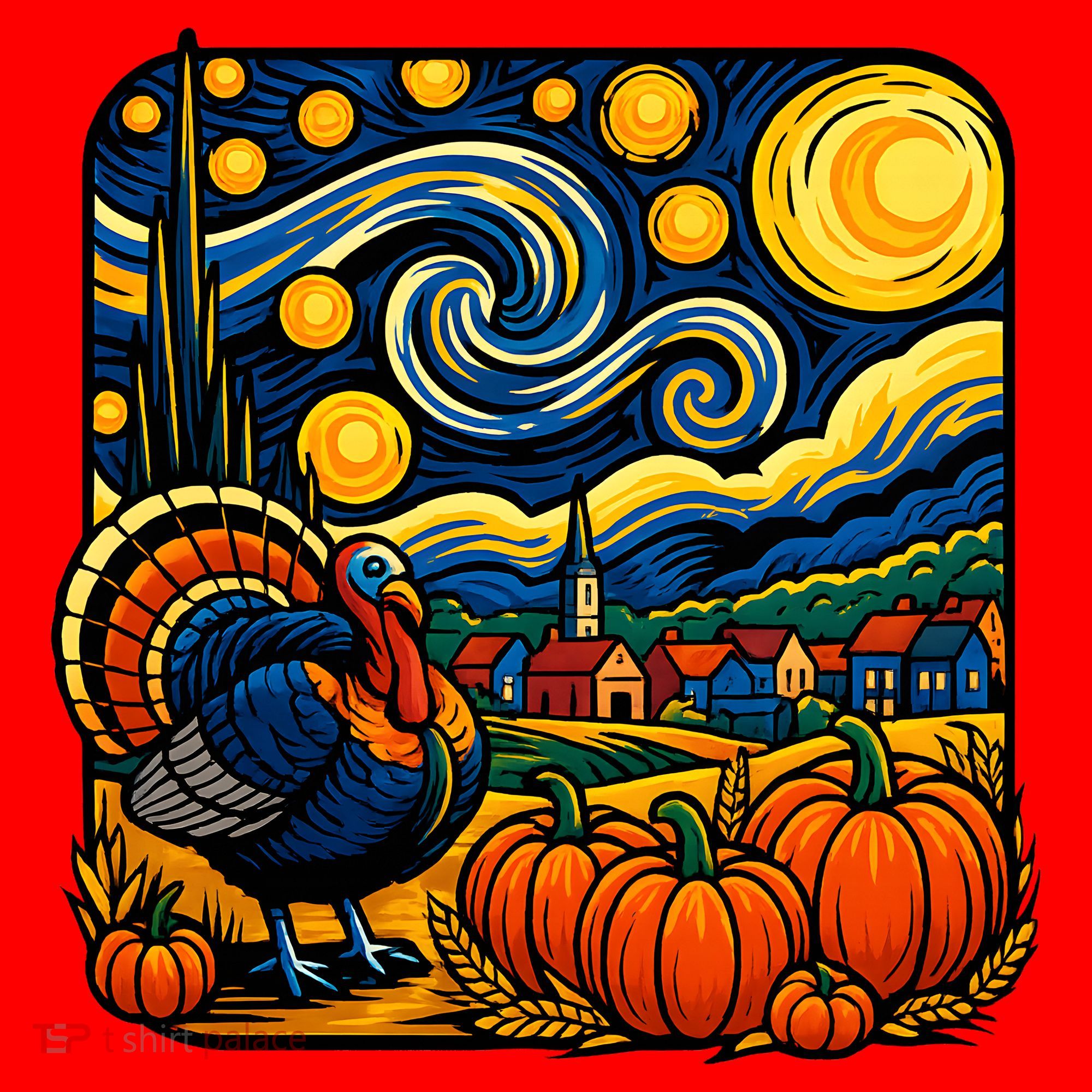 Thanksgiving Turkey Pumpkin Harvest Starry Night Art Santa Hat