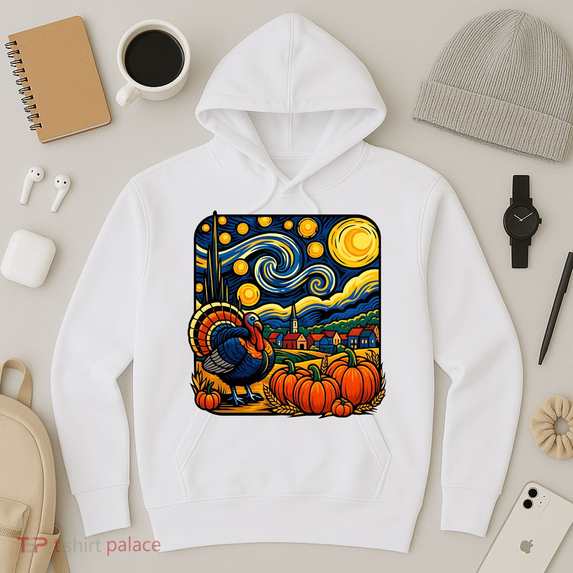 Thanksgiving Turkey Pumpkin Harvest Starry Night Art Hoodie