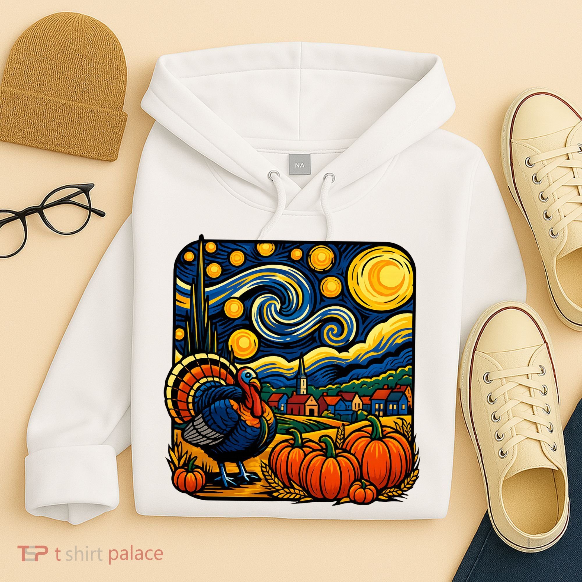 Thanksgiving Turkey Pumpkin Harvest Starry Night Art Hoodie