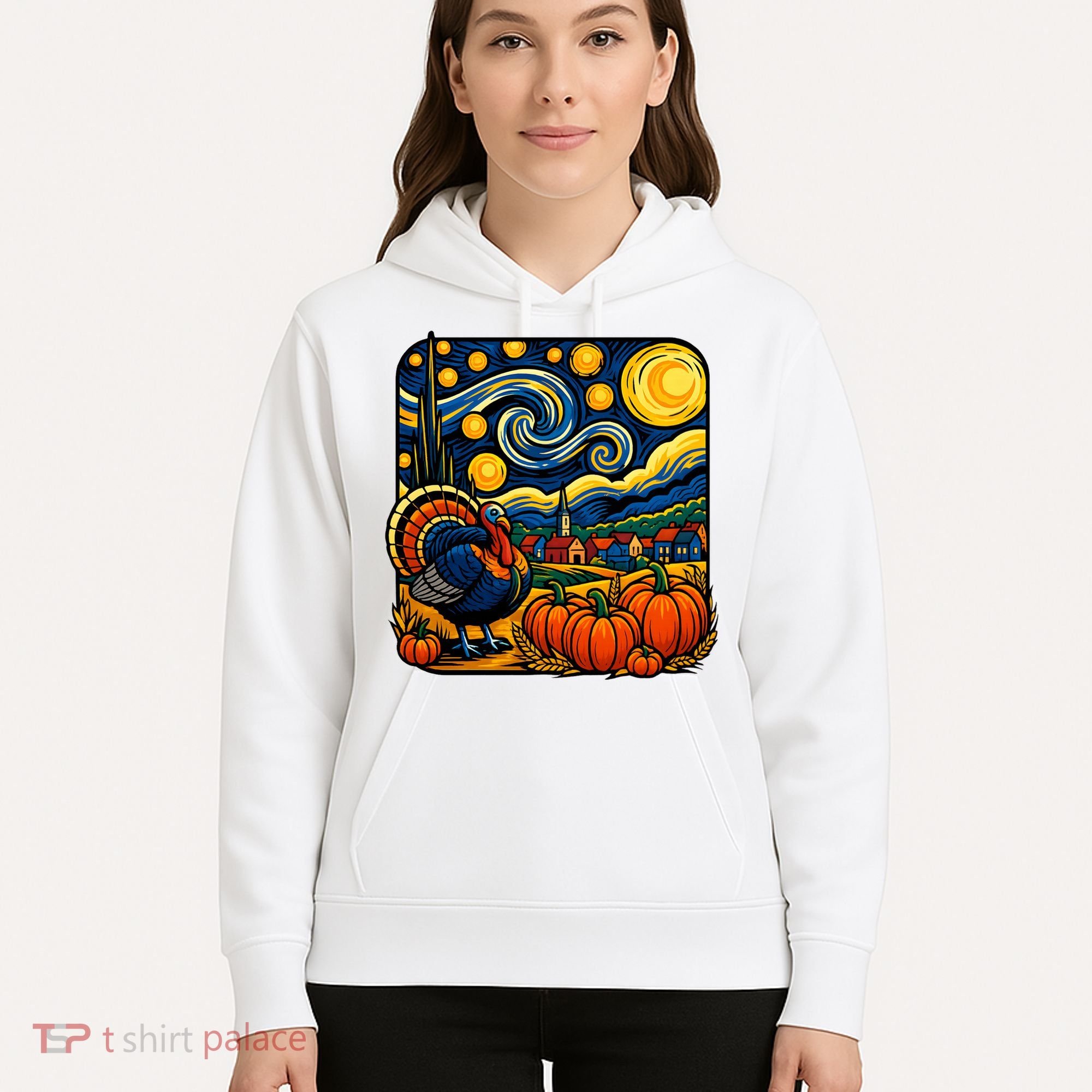 Thanksgiving Turkey Pumpkin Harvest Starry Night Art Hoodie