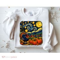 Thanksgiving Turkey Pumpkin Harvest Starry Night Art Sweatshirt thumb 2