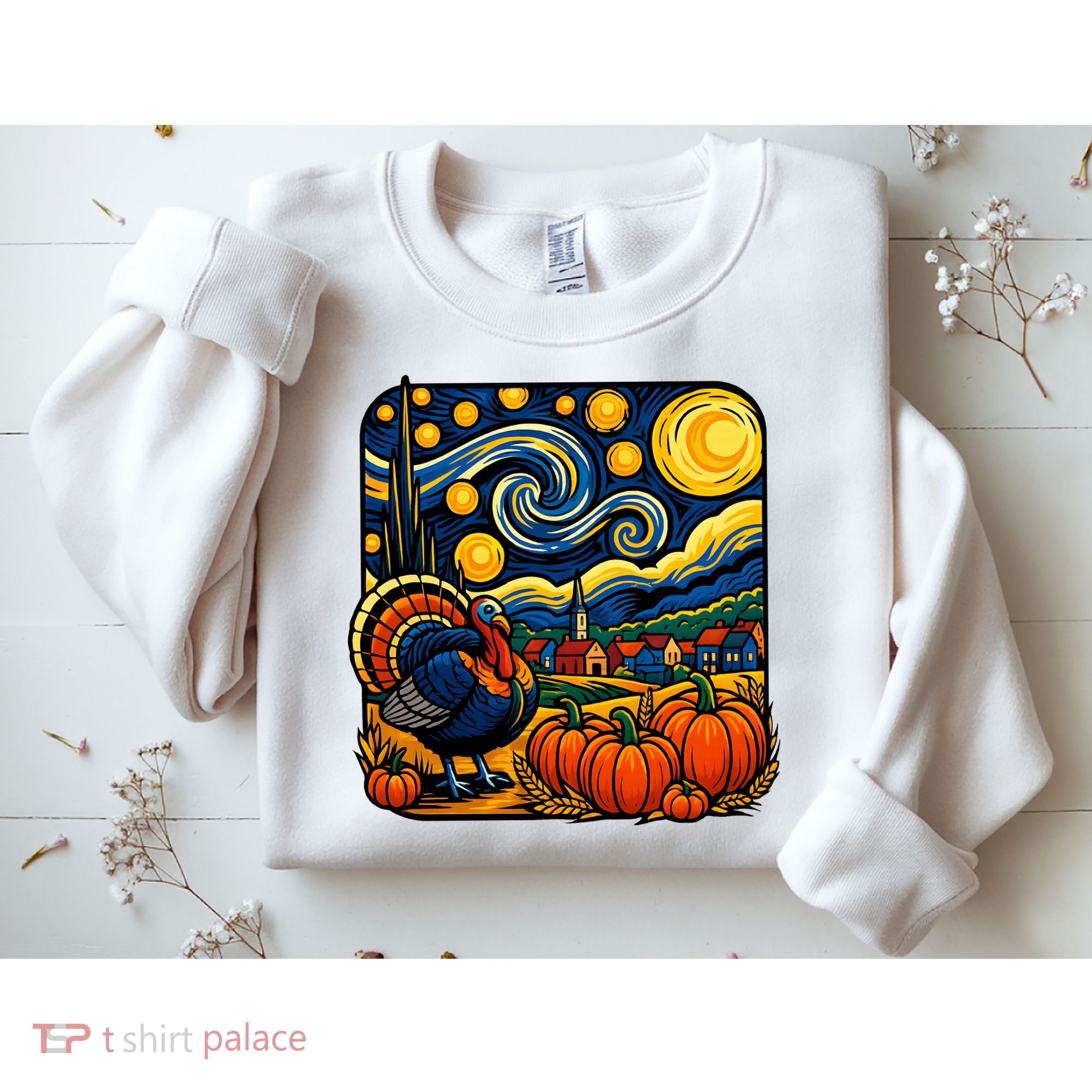 Thanksgiving Turkey Pumpkin Harvest Starry Night Art Sweatshirt