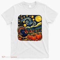 Thanksgiving Turkey Pumpkin Harvest Starry Night Art T-Shirt thumb 0