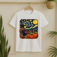 Thanksgiving Turkey Pumpkin Harvest Starry Night Art T-Shirt thumb 2