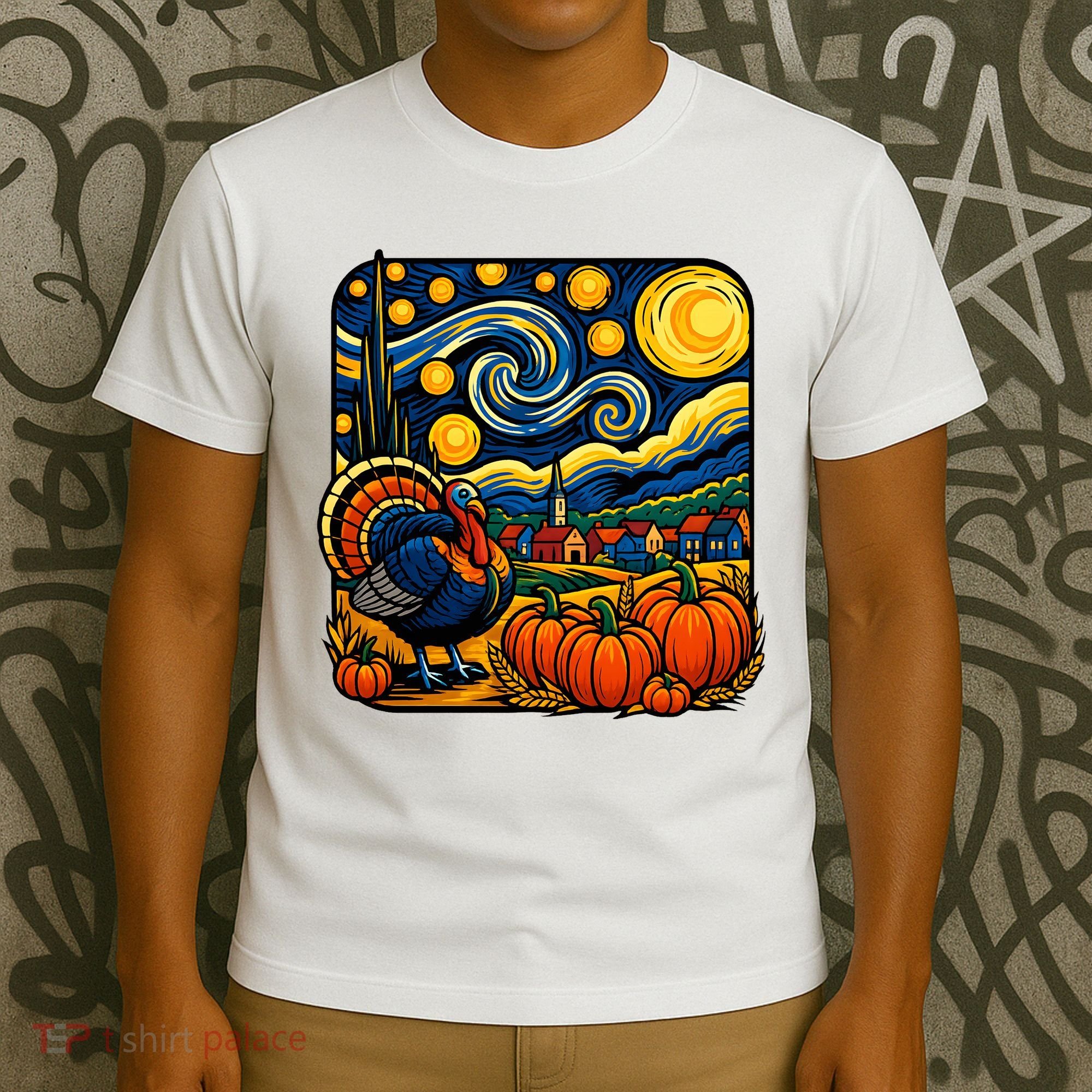 Thanksgiving Turkey Pumpkin Harvest Starry Night Art T-Shirt