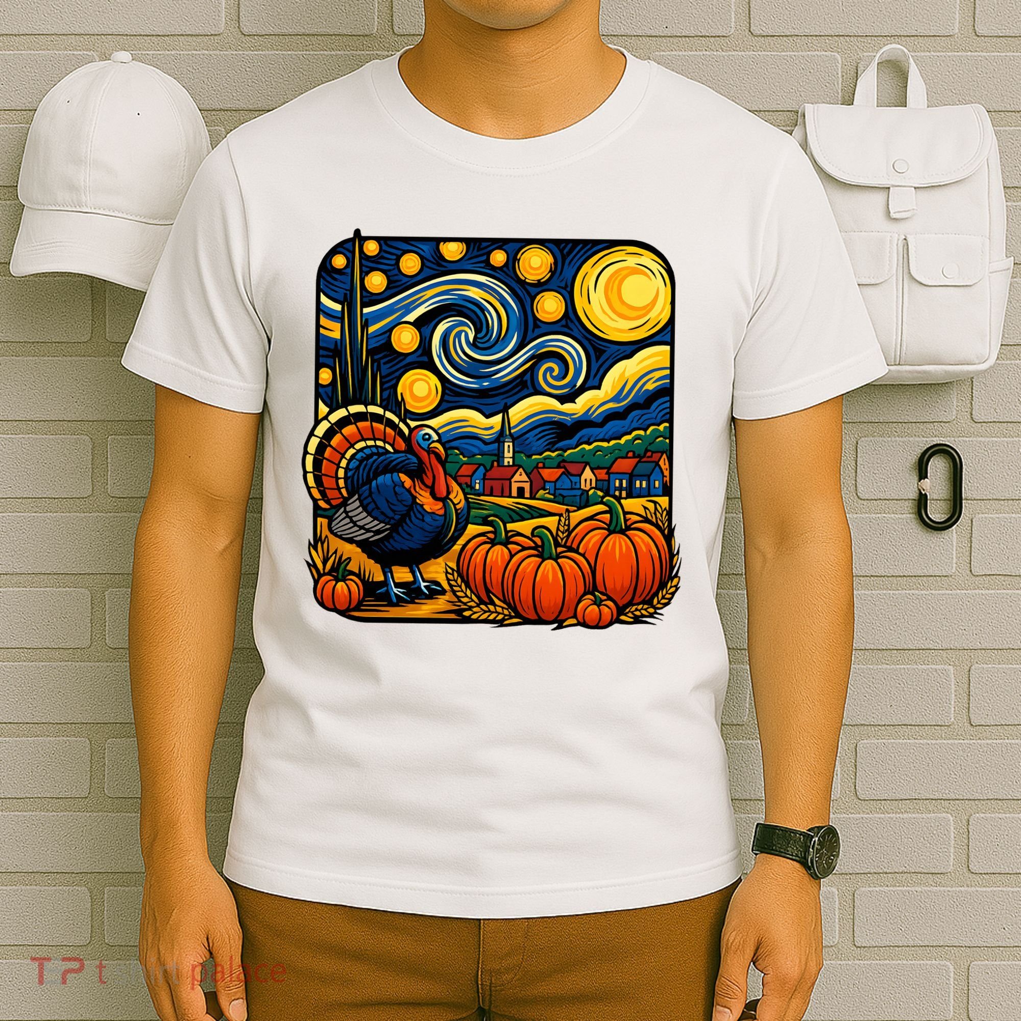 Thanksgiving Turkey Pumpkin Harvest Starry Night Art T-Shirt