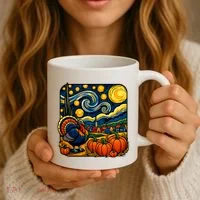 Thanksgiving Turkey Pumpkin Harvest Starry Night Art Coffee Mug thumb 3