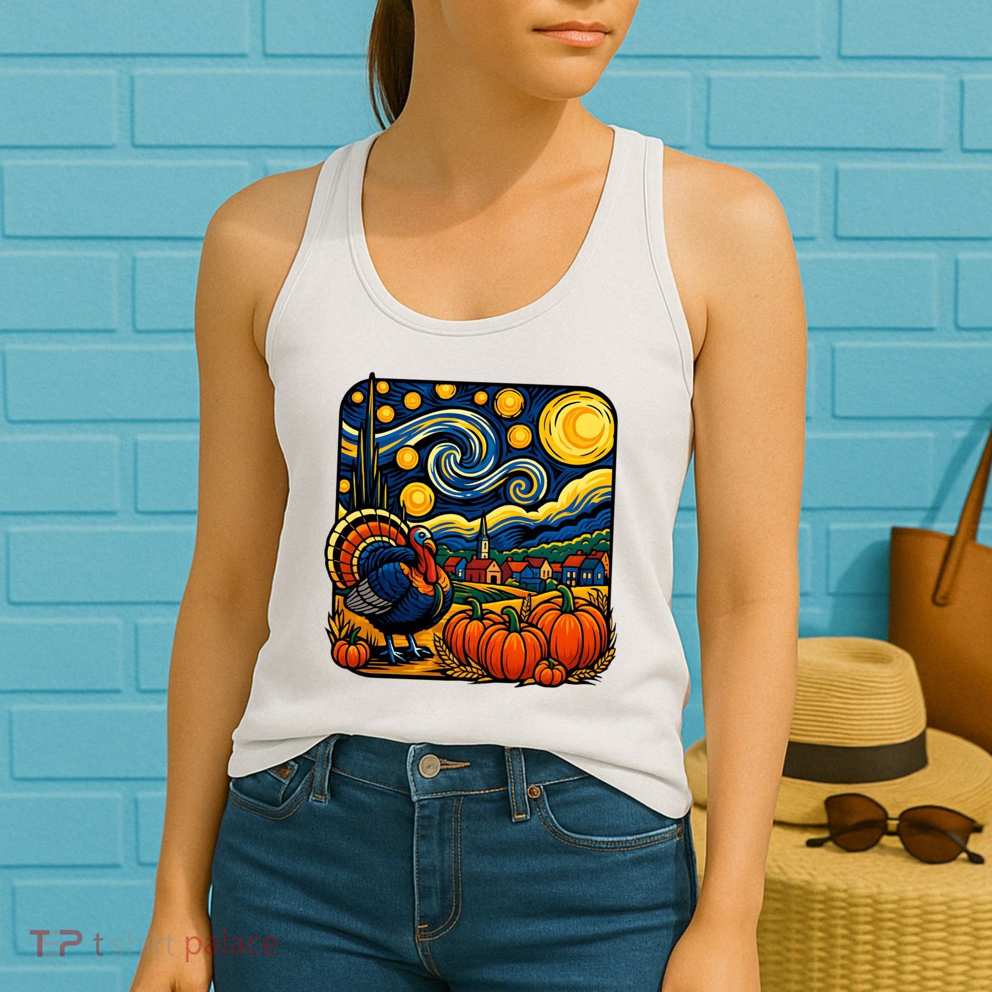 Thanksgiving Turkey Pumpkin Harvest Starry Night Art Women's Tank Top