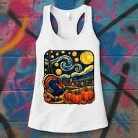 Thanksgiving Turkey Pumpkin Harvest Starry Night Art Women's Tank Top thumb 3