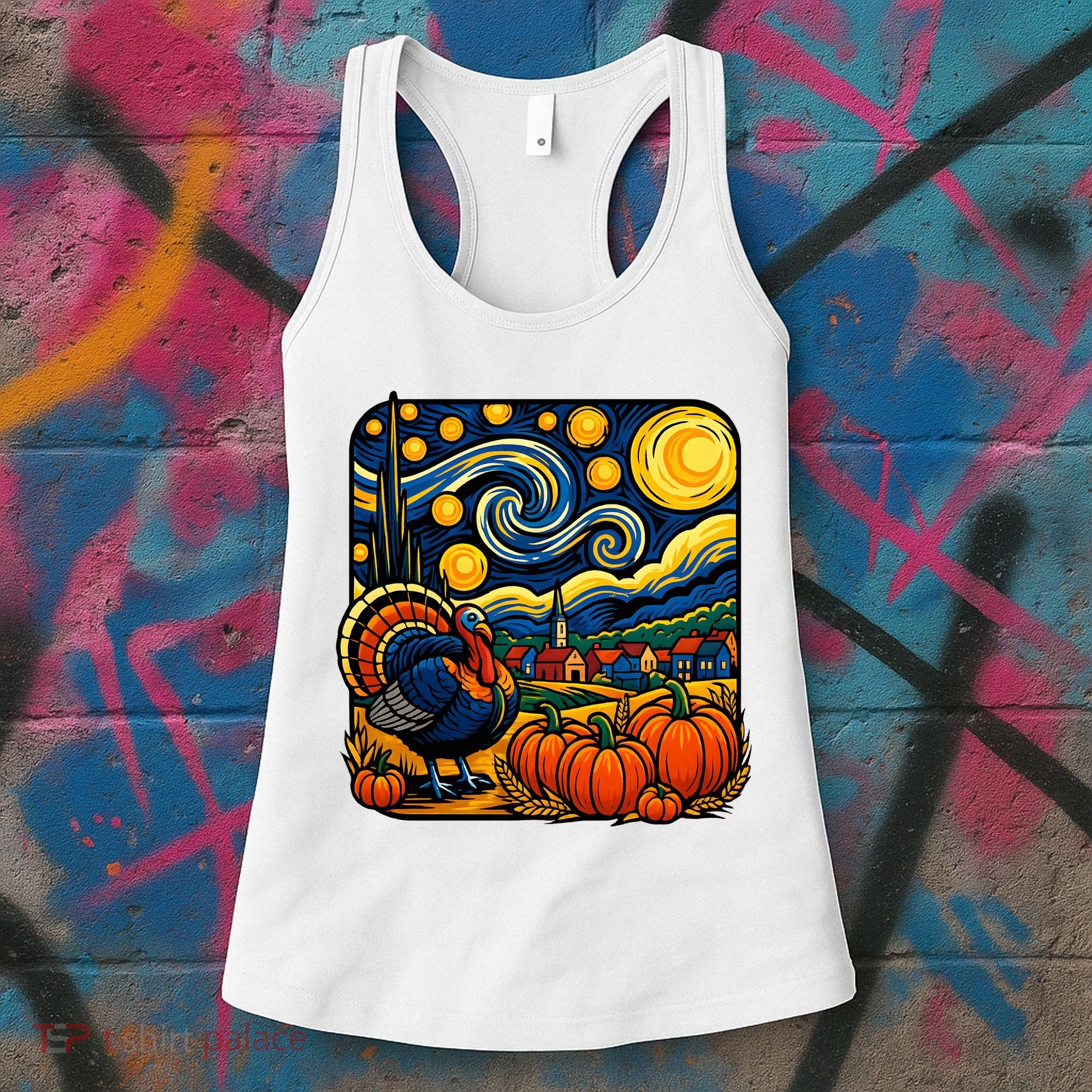 Thanksgiving Turkey Pumpkin Harvest Starry Night Art Women's Tank Top