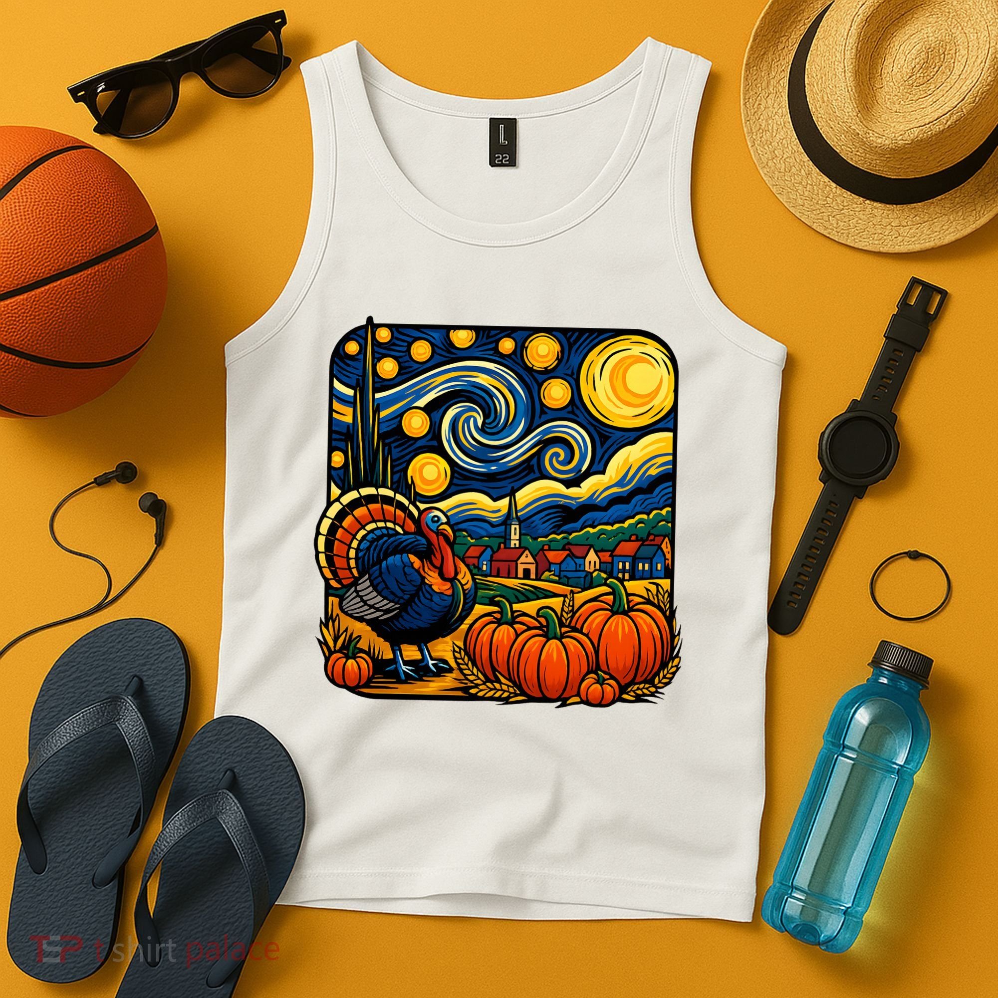 Thanksgiving Turkey Pumpkin Harvest Starry Night Art Tank Top