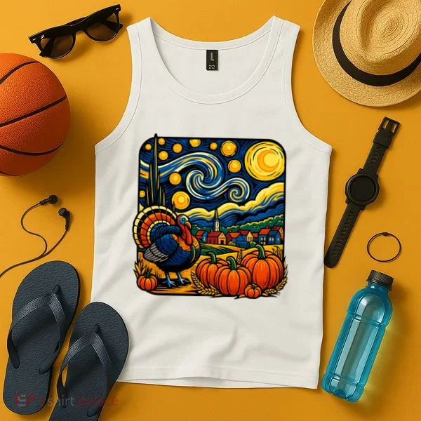 Thanksgiving Turkey Pumpkin Harvest Starry Night Art Tank Top