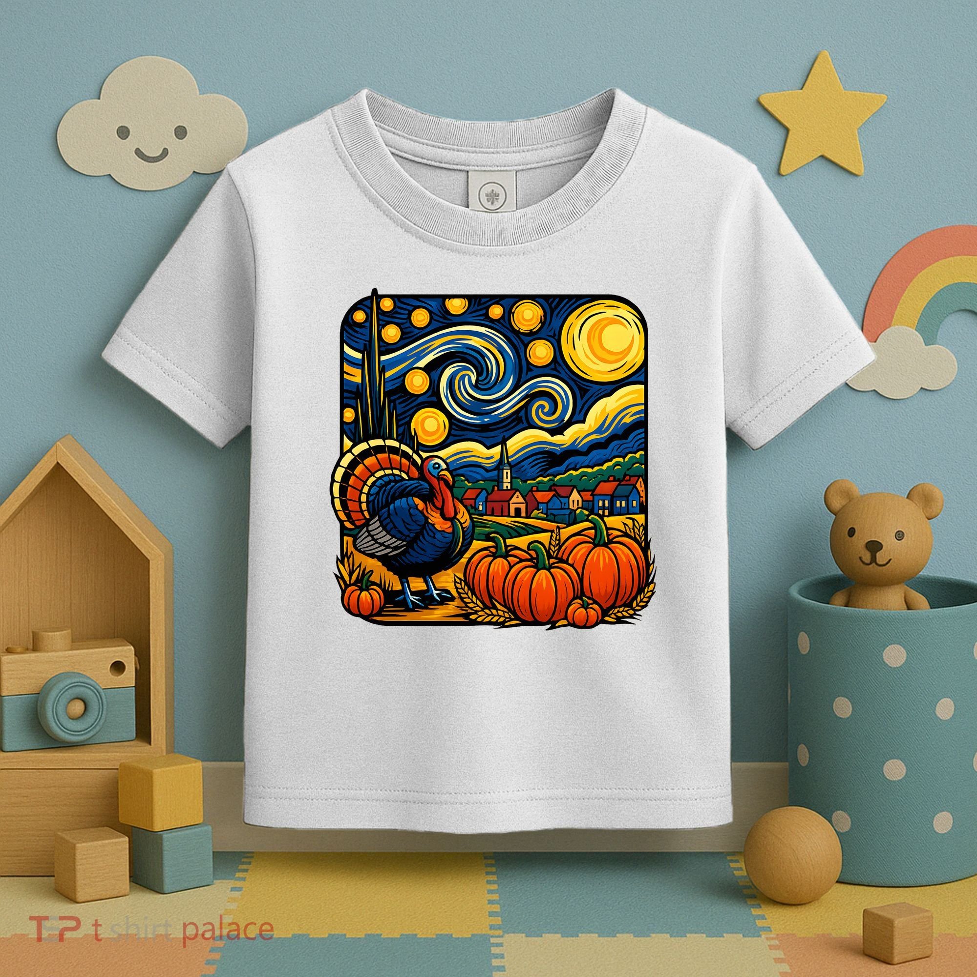 Thanksgiving Turkey Pumpkin Harvest Starry Night Art Toddler T-Shirt