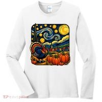 Thanksgiving Turkey Pumpkin Harvest Starry Night Art Women's Long Sleeve Shirt thumb 0
