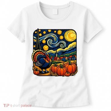 Thanksgiving Turkey Pumpkin Harvest Starry Night Art Women's T-Shirt