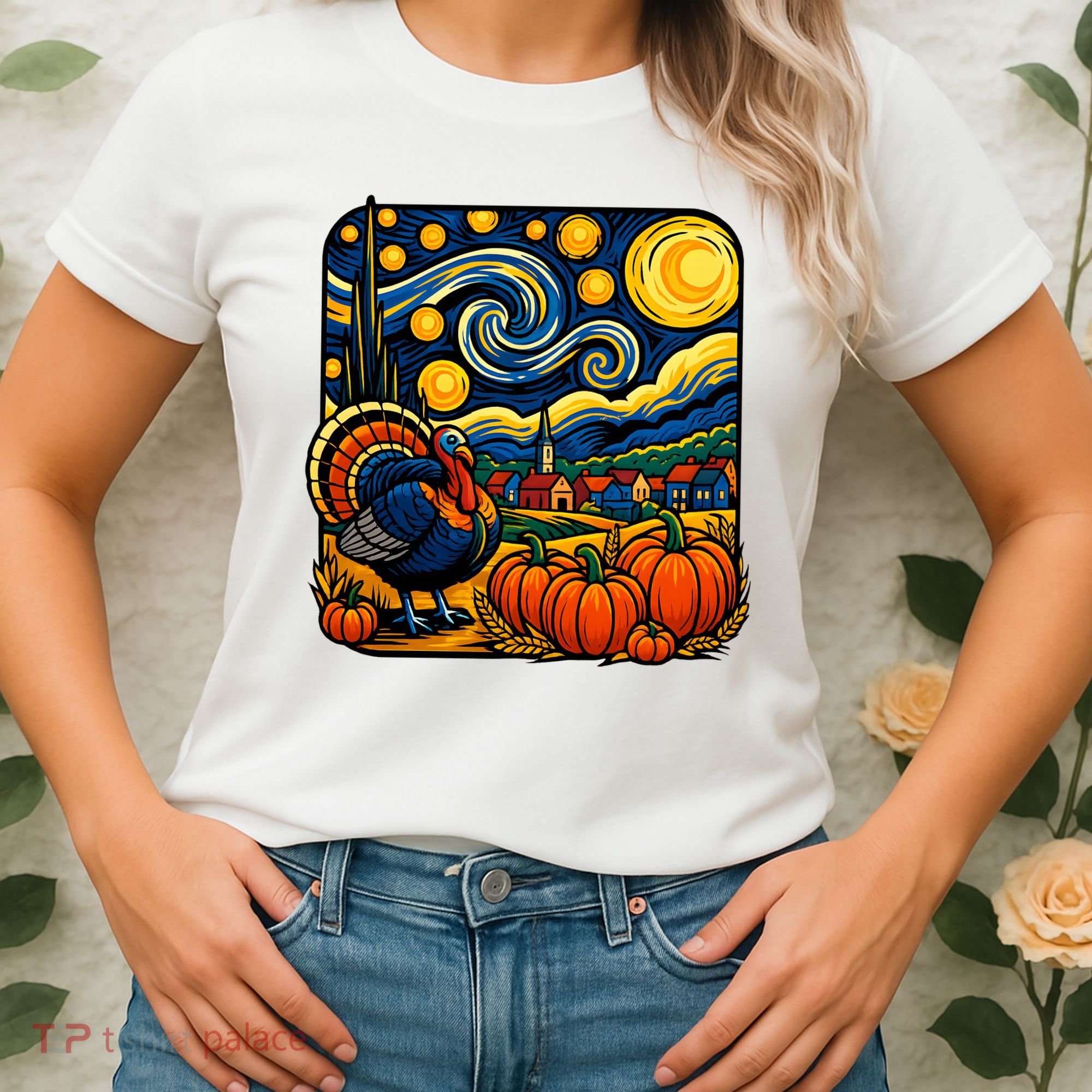 Thanksgiving Turkey Pumpkin Harvest Starry Night Art Women's T-Shirt