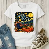 Thanksgiving Turkey Pumpkin Harvest Starry Night Art Women's T-Shirt thumb 3
