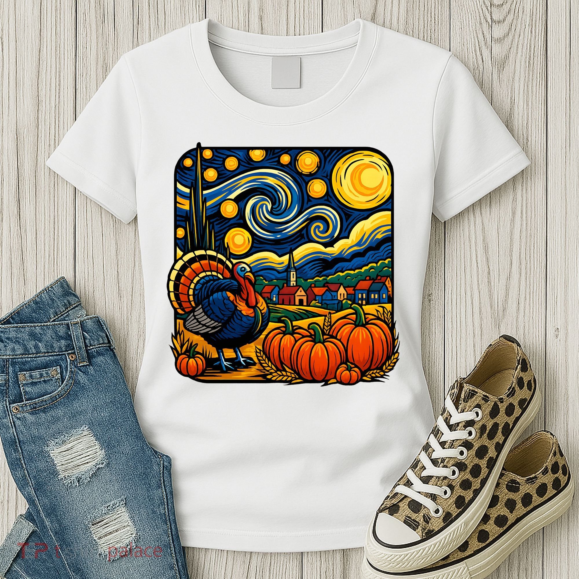 Thanksgiving Turkey Pumpkin Harvest Starry Night Art Women's T-Shirt
