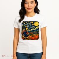 Thanksgiving Turkey Pumpkin Harvest Starry Night Art Women's T-Shirt thumb 4