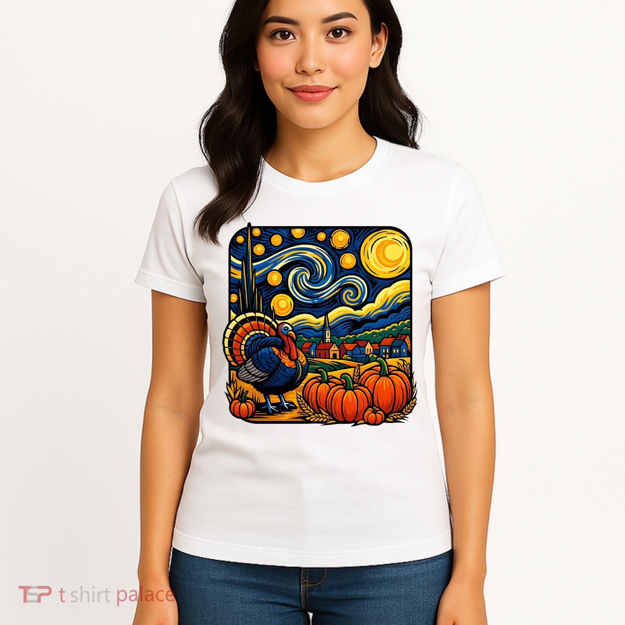 Thanksgiving Turkey Pumpkin Harvest Starry Night Art Women's T-Shirt