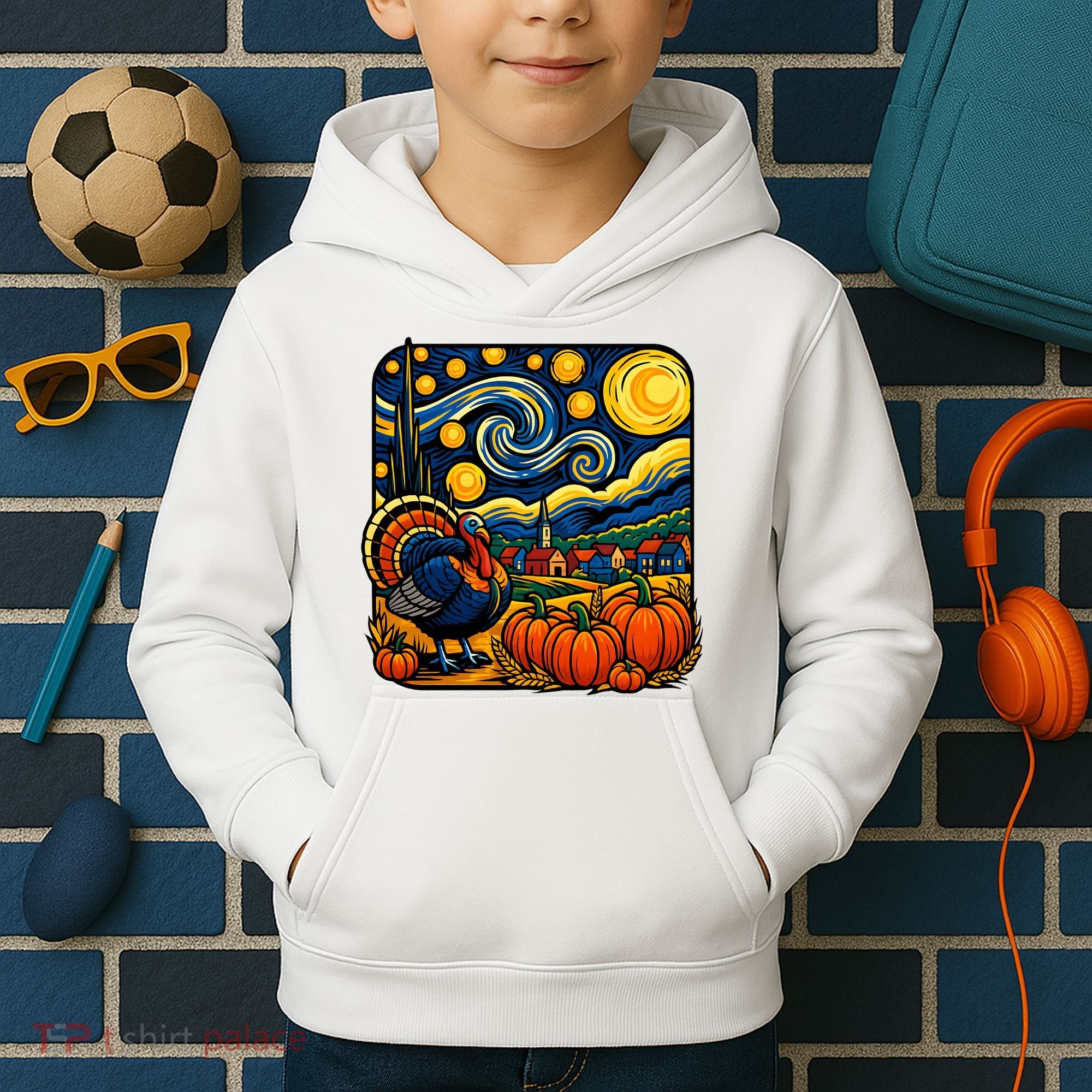 Thanksgiving Turkey Pumpkin Harvest Starry Night Art Kids Hoodie