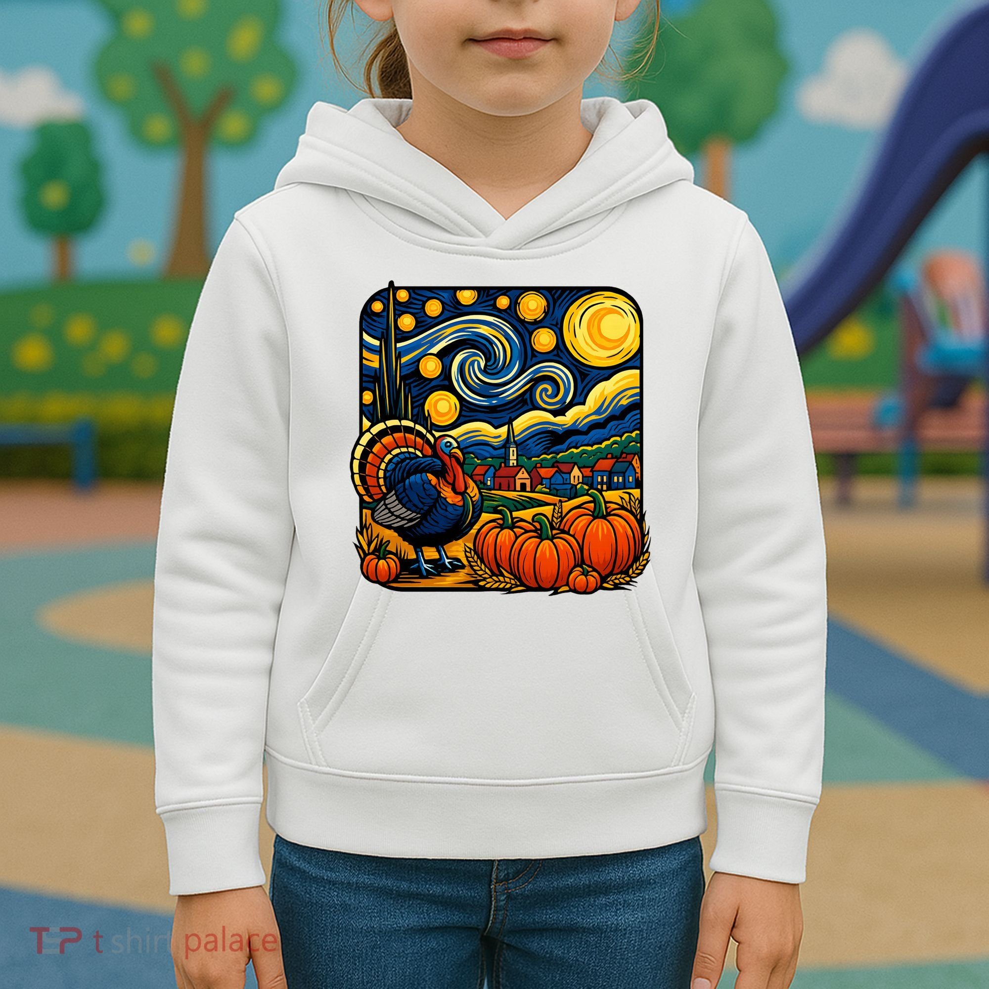 Thanksgiving Turkey Pumpkin Harvest Starry Night Art Kids Hoodie