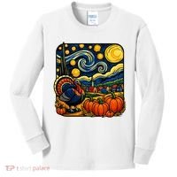 Thanksgiving Turkey Pumpkin Harvest Starry Night Art Kids Long Sleeve Shirt thumb 0