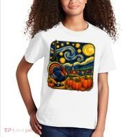 Thanksgiving Turkey Pumpkin Harvest Starry Night Art Kids T-Shirt thumb 2