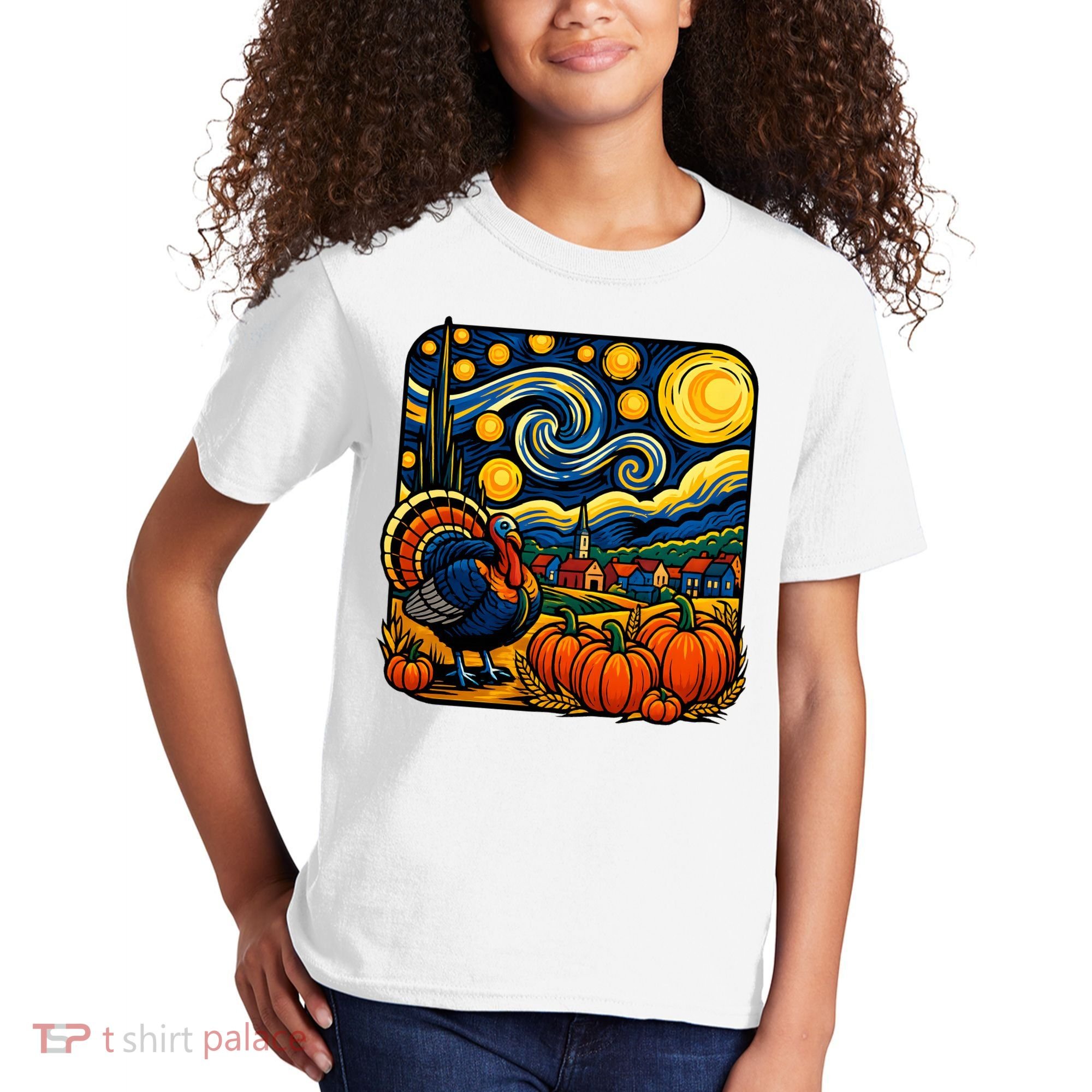 Thanksgiving Turkey Pumpkin Harvest Starry Night Art Kids T-Shirt