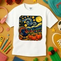 Thanksgiving Turkey Pumpkin Harvest Starry Night Art Kids T-Shirt thumb 3