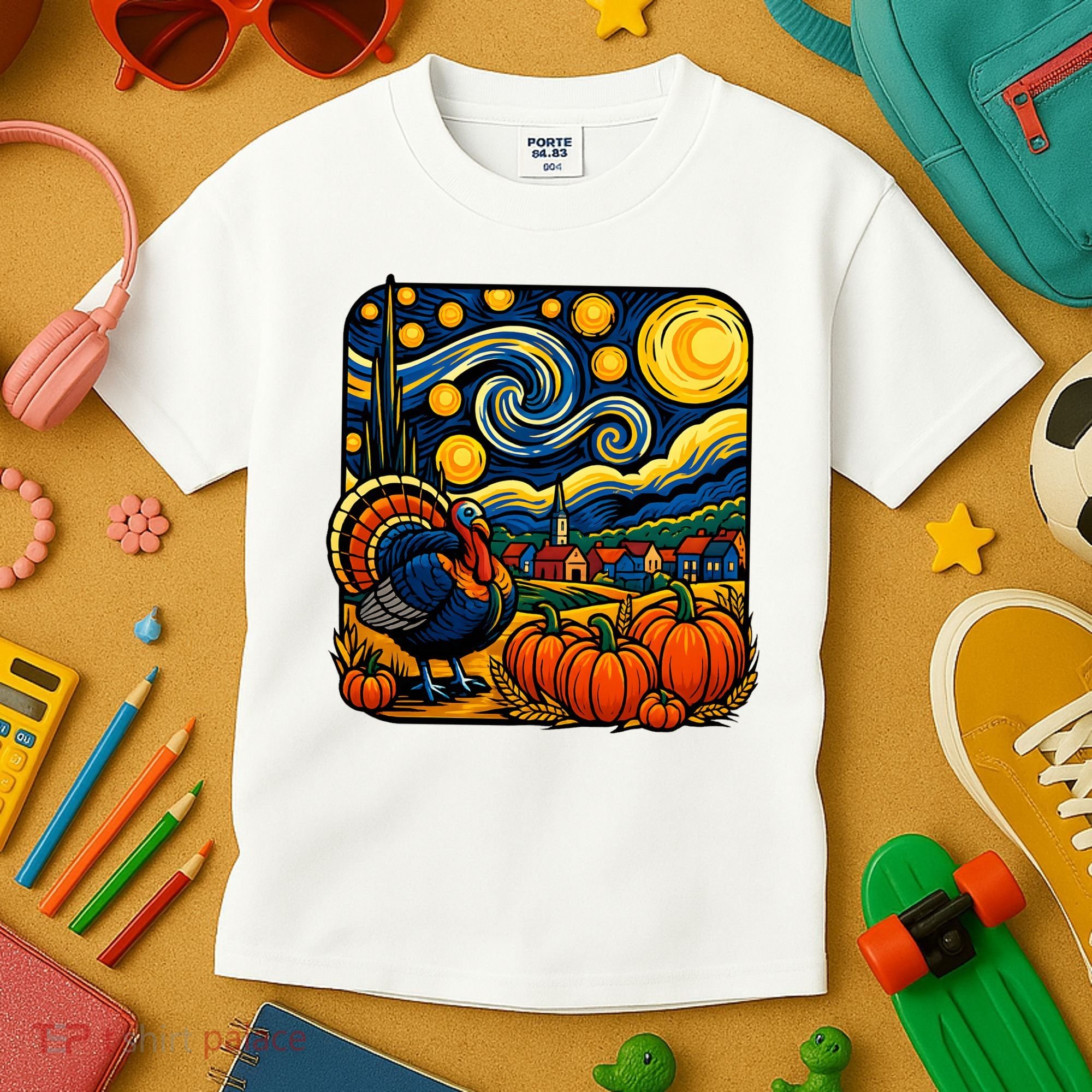 Thanksgiving Turkey Pumpkin Harvest Starry Night Art Kids T-Shirt
