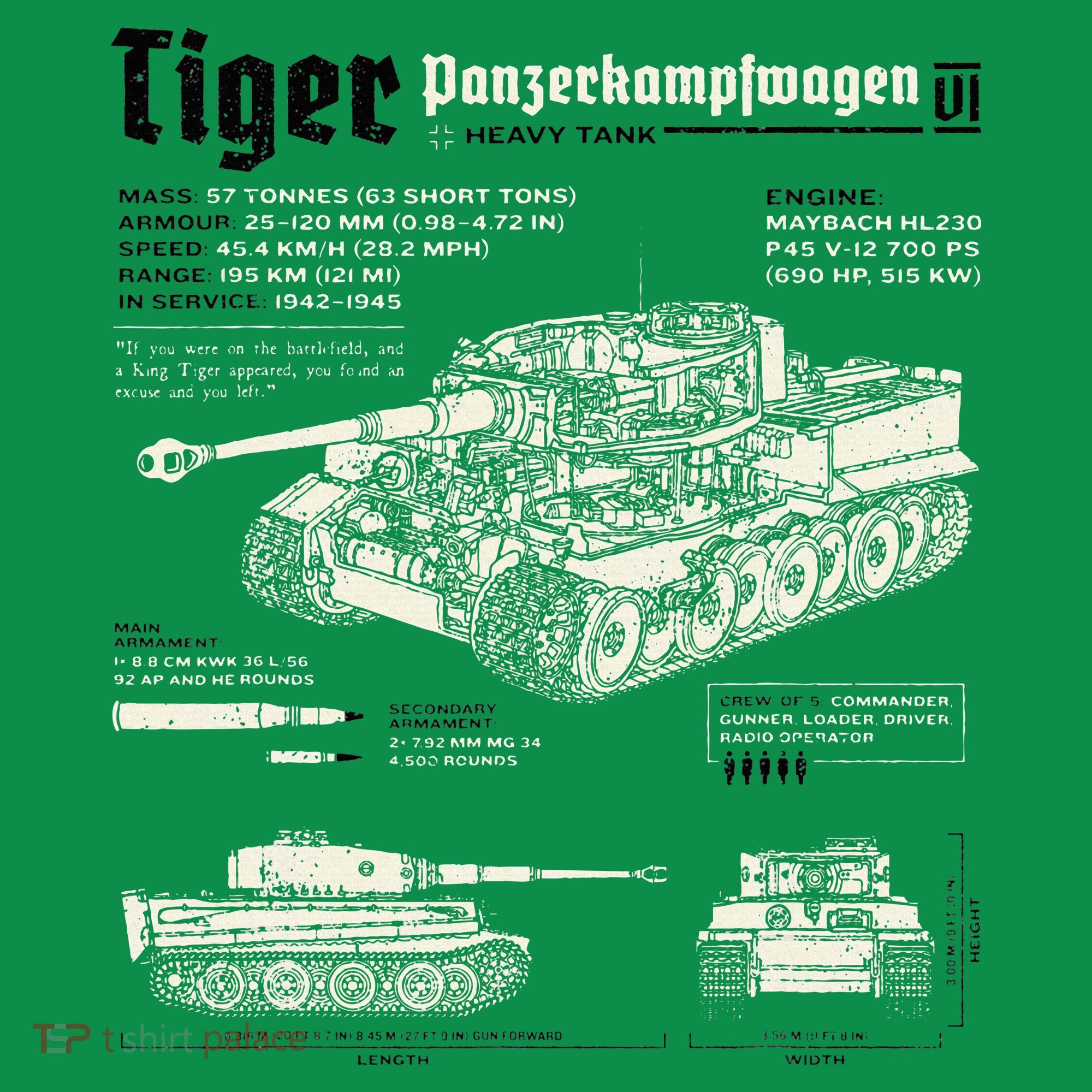 Tiger Tank Panzer World War 2 Blueprint T-Shirt