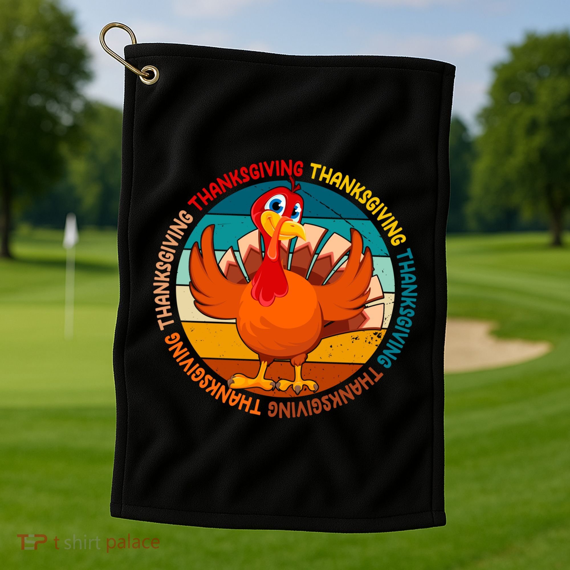 Thanksgiving Turkey Retro Sunset Holiday Golf Towel
