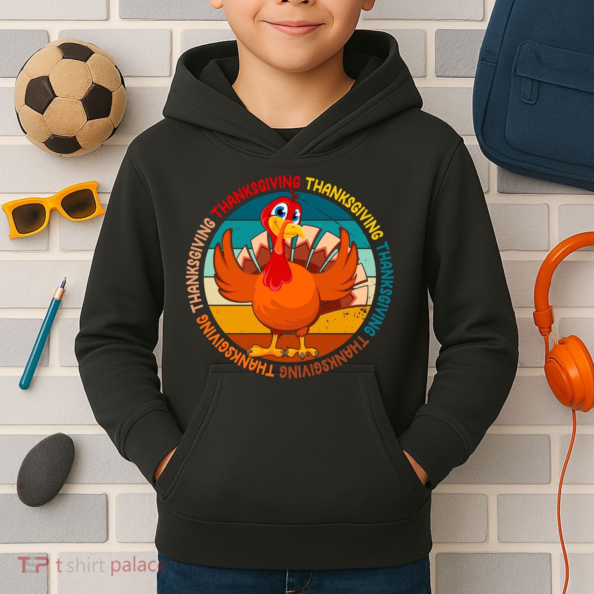 Thanksgiving Turkey Retro Sunset Holiday Kids Hoodie