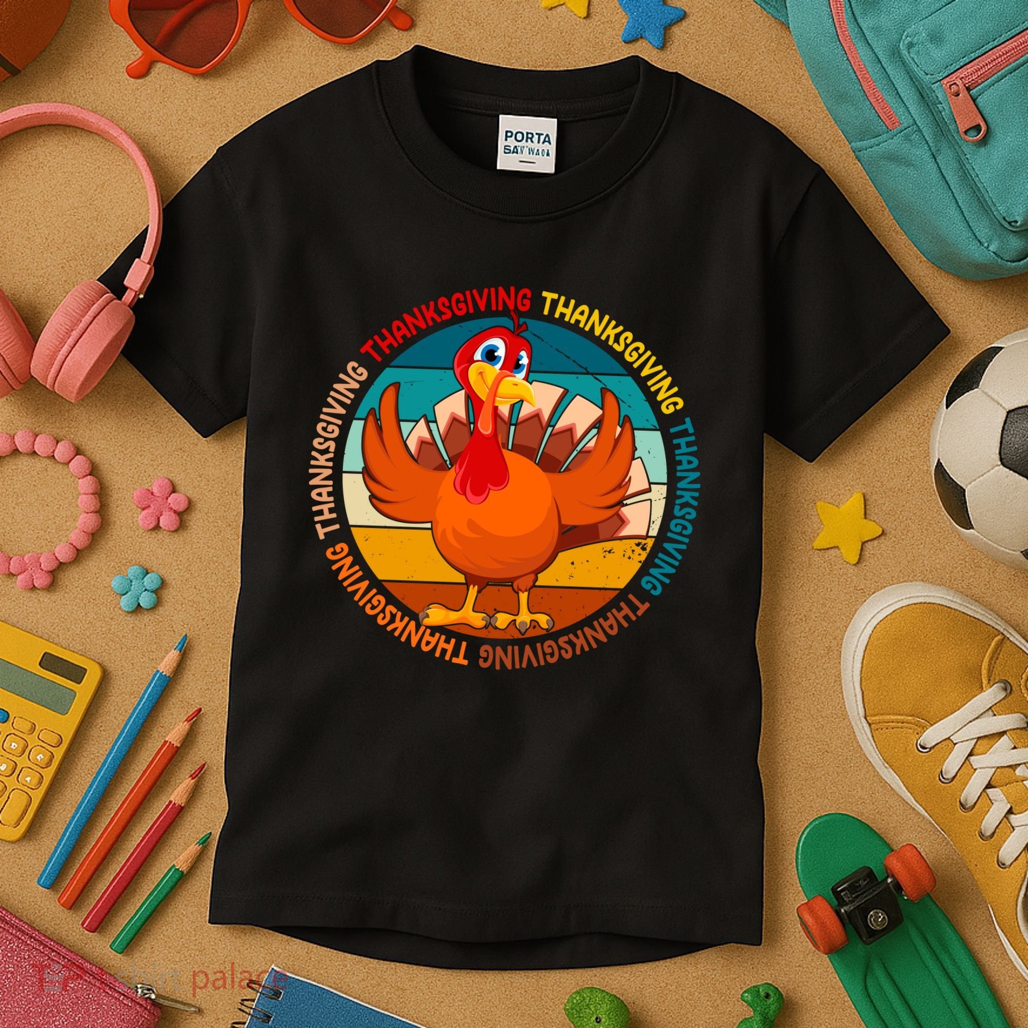 Thanksgiving Turkey Retro Sunset Holiday Kids T-Shirt