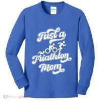 Triathlon Triathlete Running Swimming Just A Triathlon Mom Gift Kids Long Sleeve Shirt thumb 0