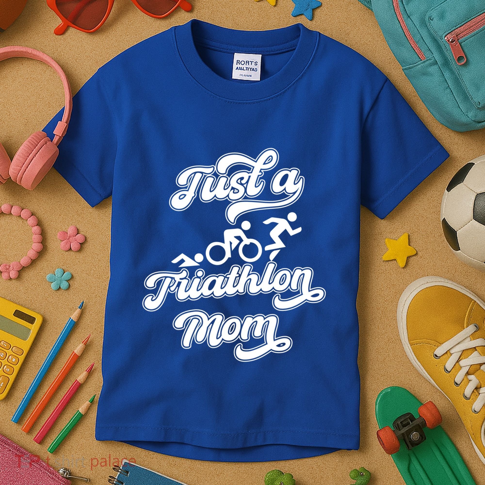 Triathlon Triathlete Running Swimming Just A Triathlon Mom Gift Kids T-Shirt