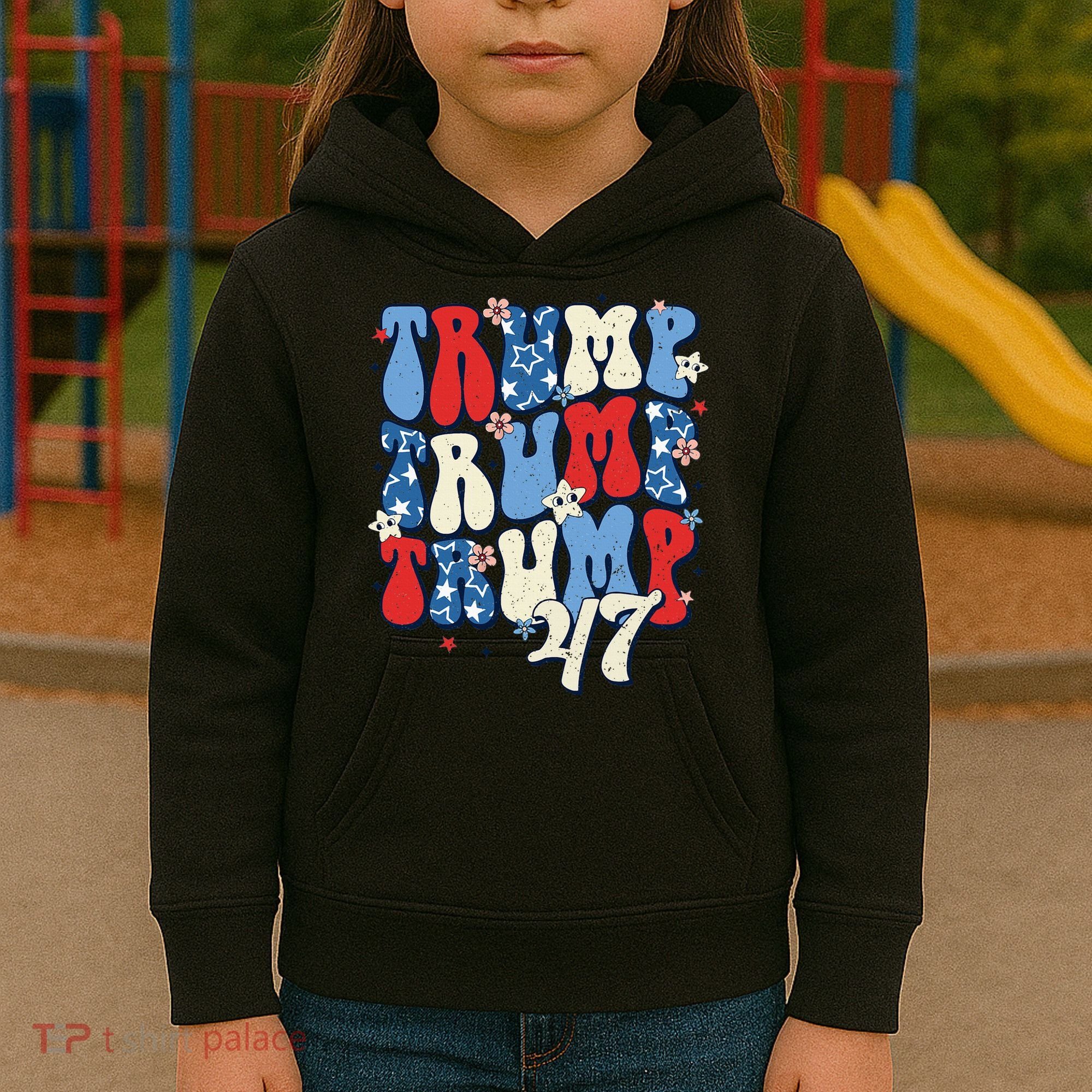 Trump2024ElectionGroovyRetro4thOfJulyDonaldTrump47 Kids Hoodie