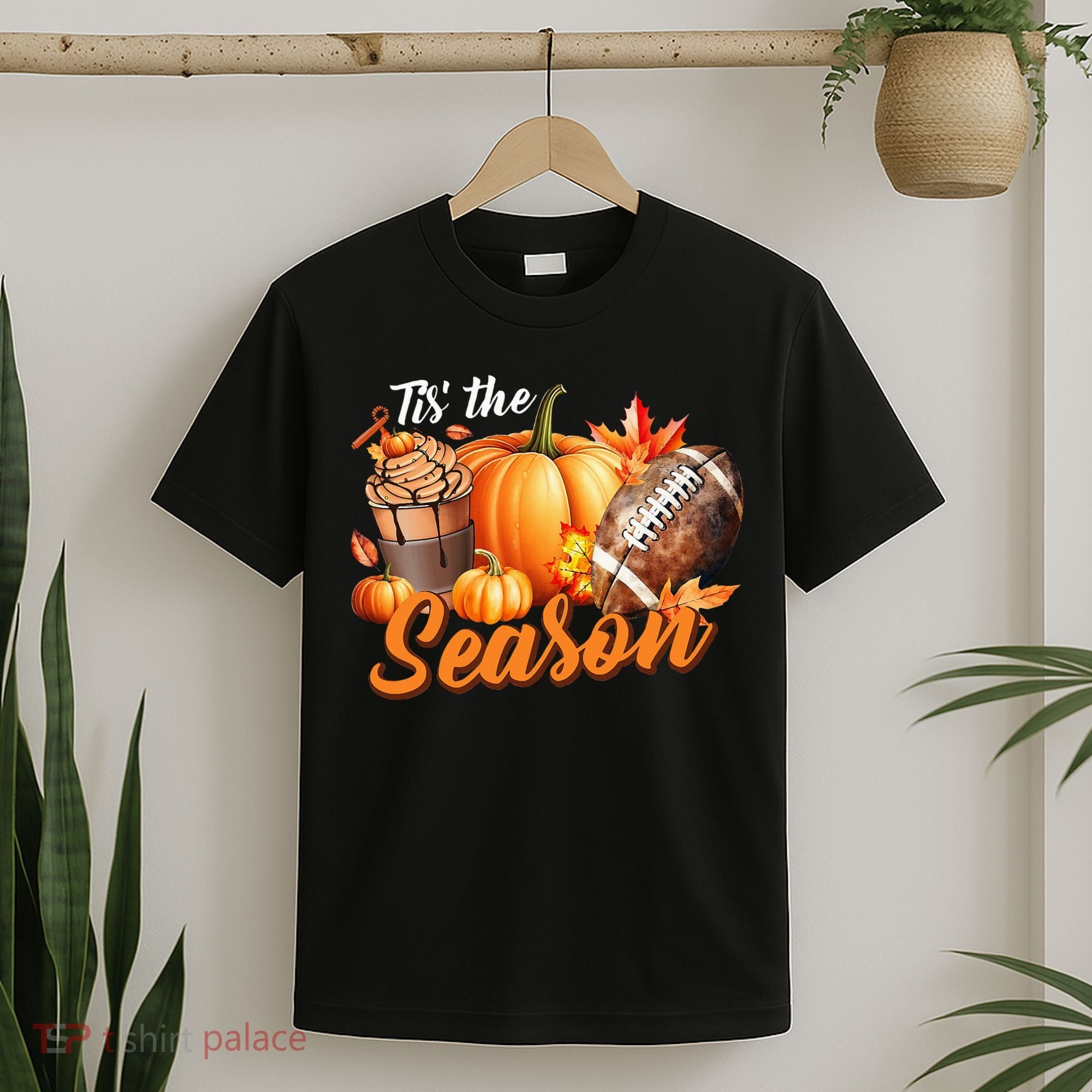 TIS THE SEASON Pumpkin Leaf Latte Fall Thanksgiving Football T-Shirt