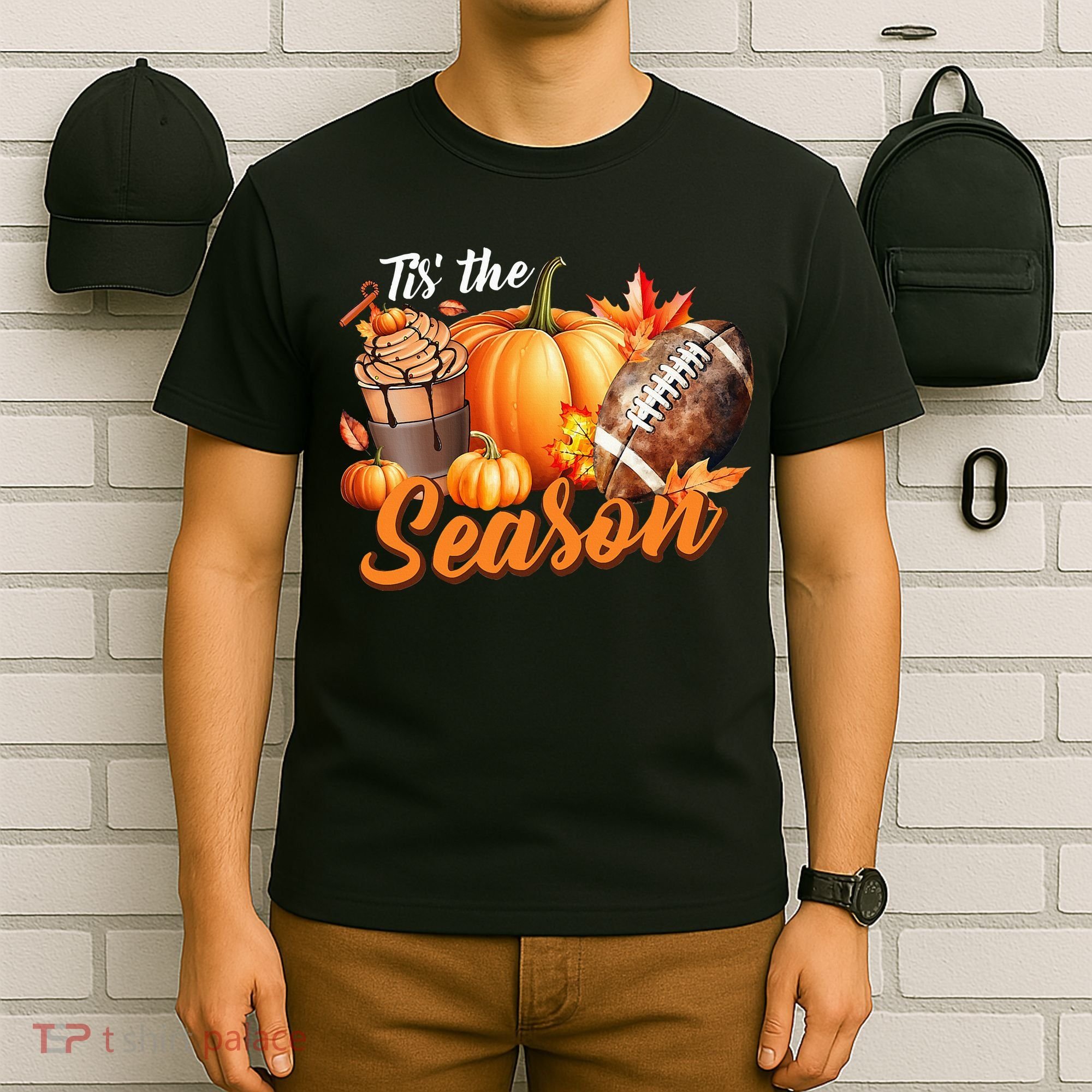TIS THE SEASON Pumpkin Leaf Latte Fall Thanksgiving Football T-Shirt