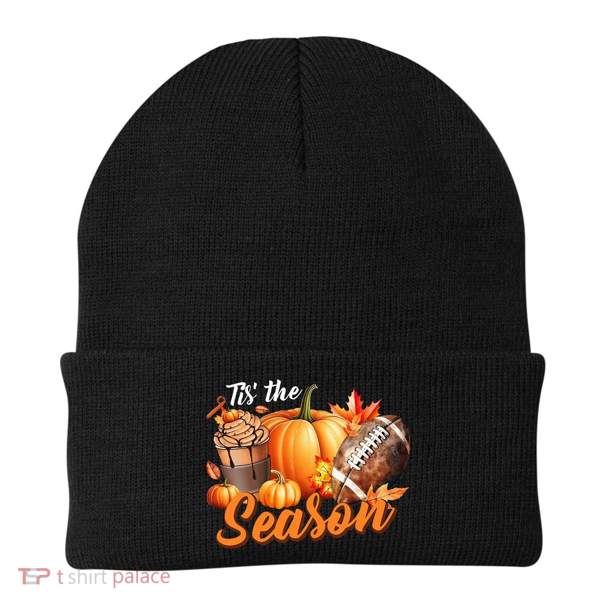 TIS THE SEASON Pumpkin Leaf Latte Fall Thanksgiving Football Beanie