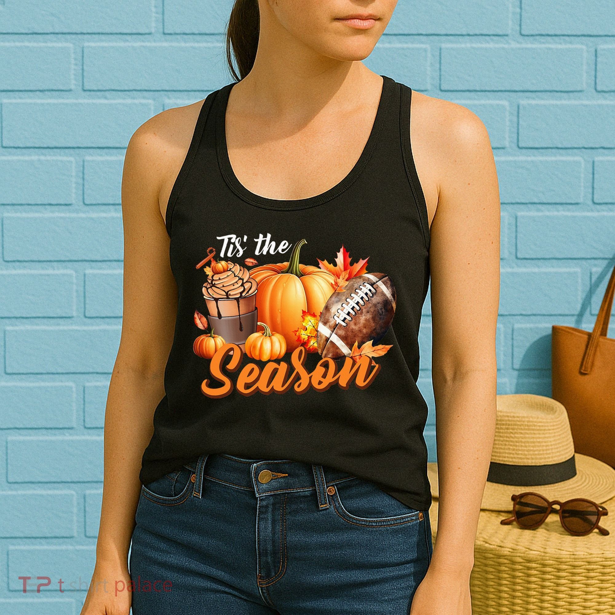 TIS THE SEASON Pumpkin Leaf Latte Fall Thanksgiving Football Women's Tank Top