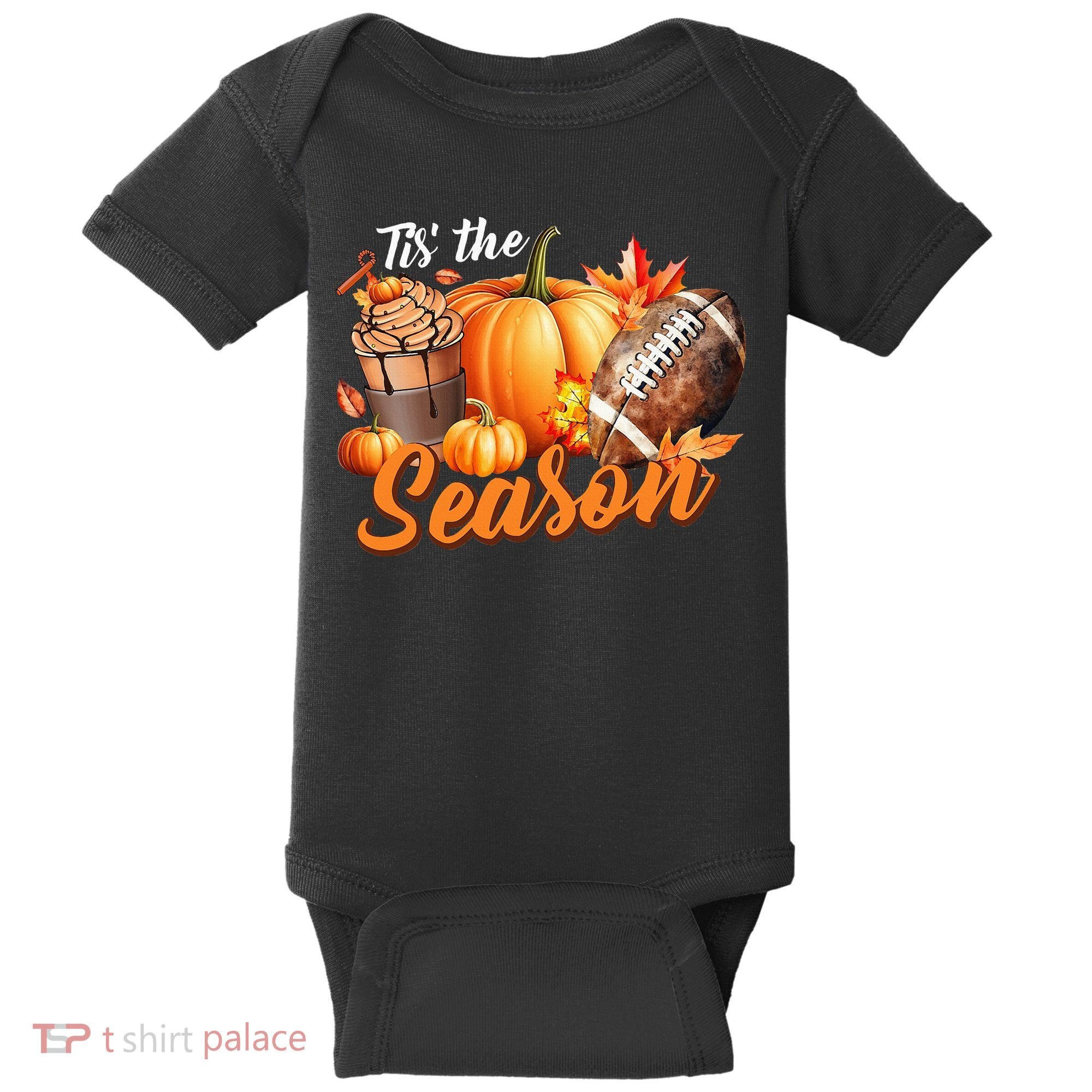 TIS THE SEASON Pumpkin Leaf Latte Fall Thanksgiving Football Baby Bodysuit