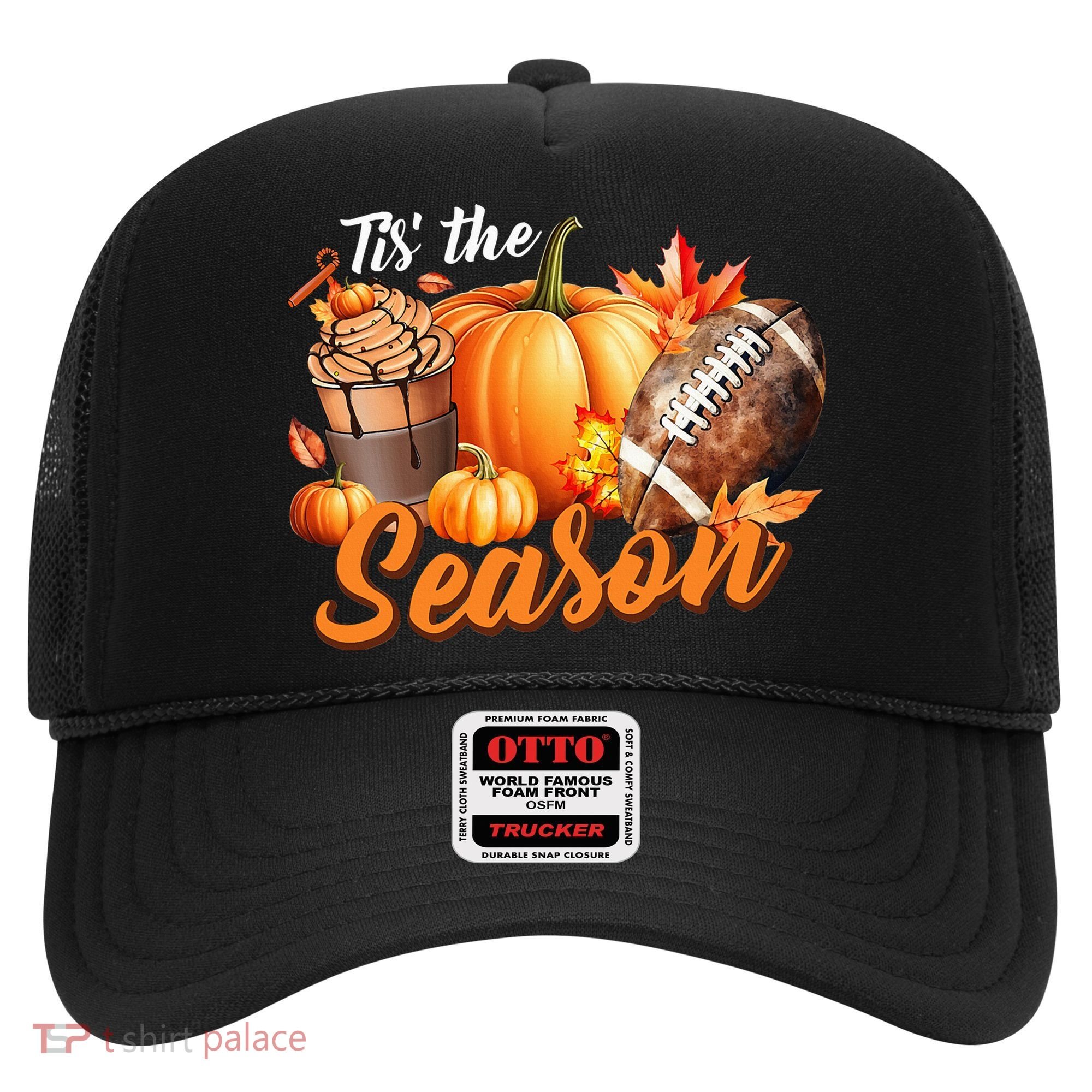 TIS THE SEASON Pumpkin Leaf Latte Fall Thanksgiving Football Hat