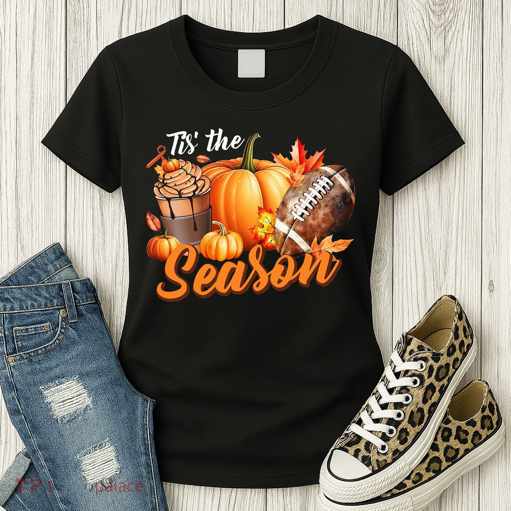 TIS THE SEASON Pumpkin Leaf Latte Fall Thanksgiving Football Women's T-Shirt